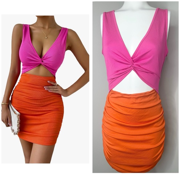LONESS  Pink Orange Ruched cut out  Mini Dress- PRELOVED- large - Picture 1 of 6
